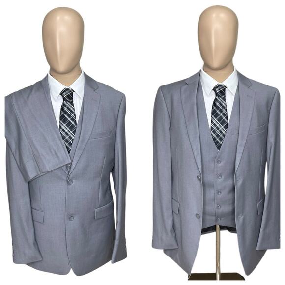 Caravelli Mens Solid Gray 3 Piece Suit 38L Jacket 32x32 Pant & Vest 2 Button EUC